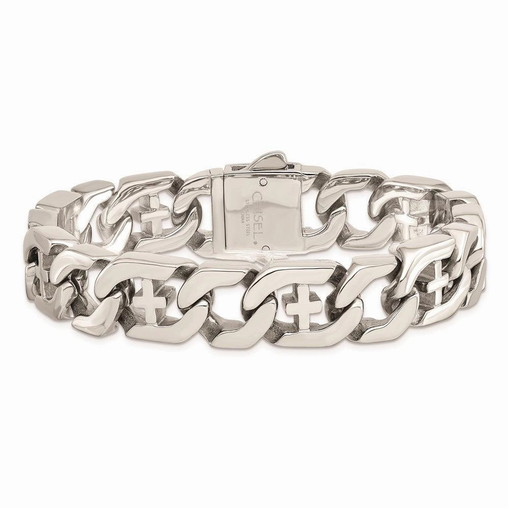 Stainless Steel Polished Link w/Crosses 8.5in Bracelet