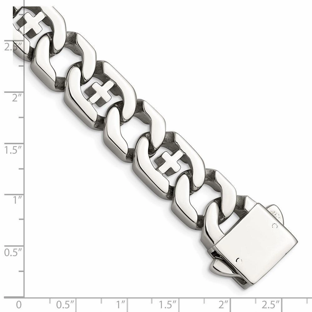 Stainless Steel Polished Link w/Crosses 8.5in Bracelet