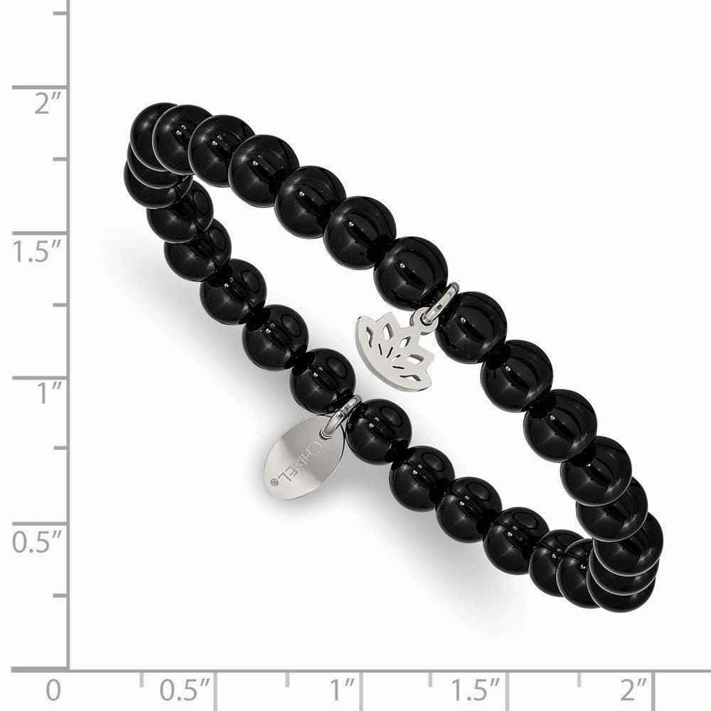 Stainless Steel Polished Lotus Black Agate Beaded Stretch Bracelet
