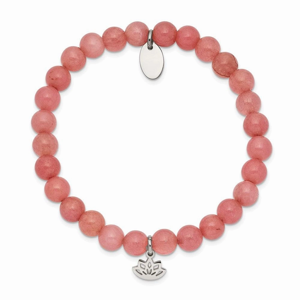 Stainless Steel Polished Lotus Pink Jade Beaded Stretch Bracelet