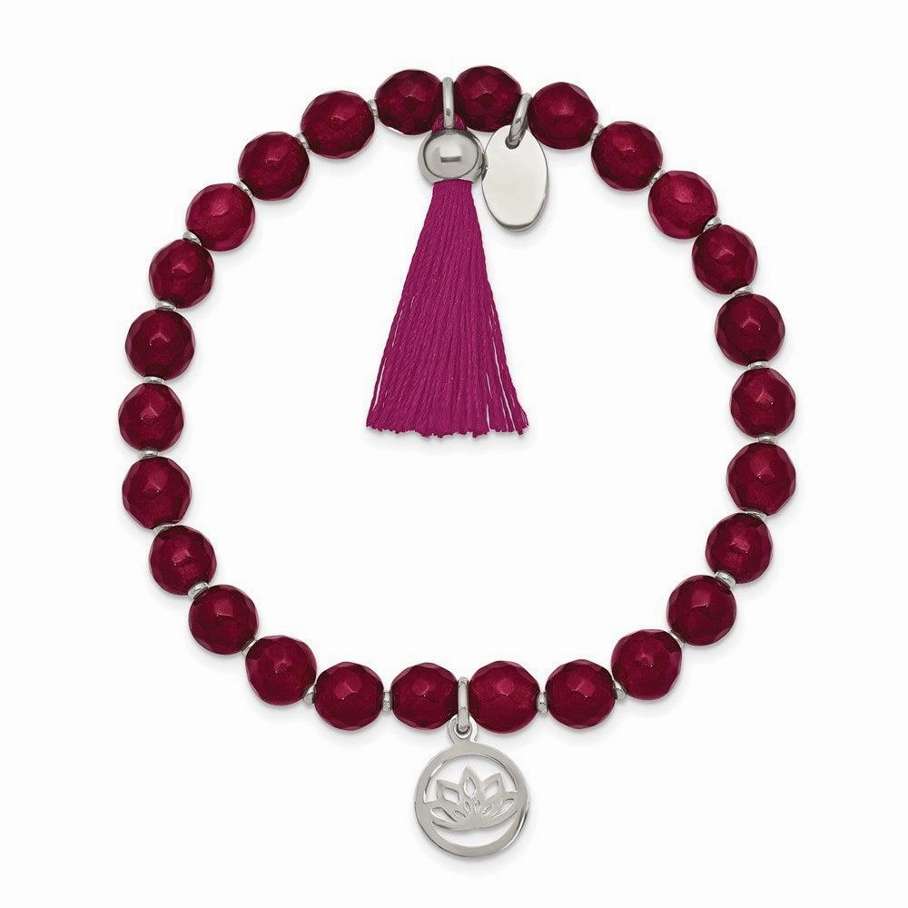 Stainless Steel Polished Lotus w/Tassel Pink Jade Beaded Stretch Bracelet