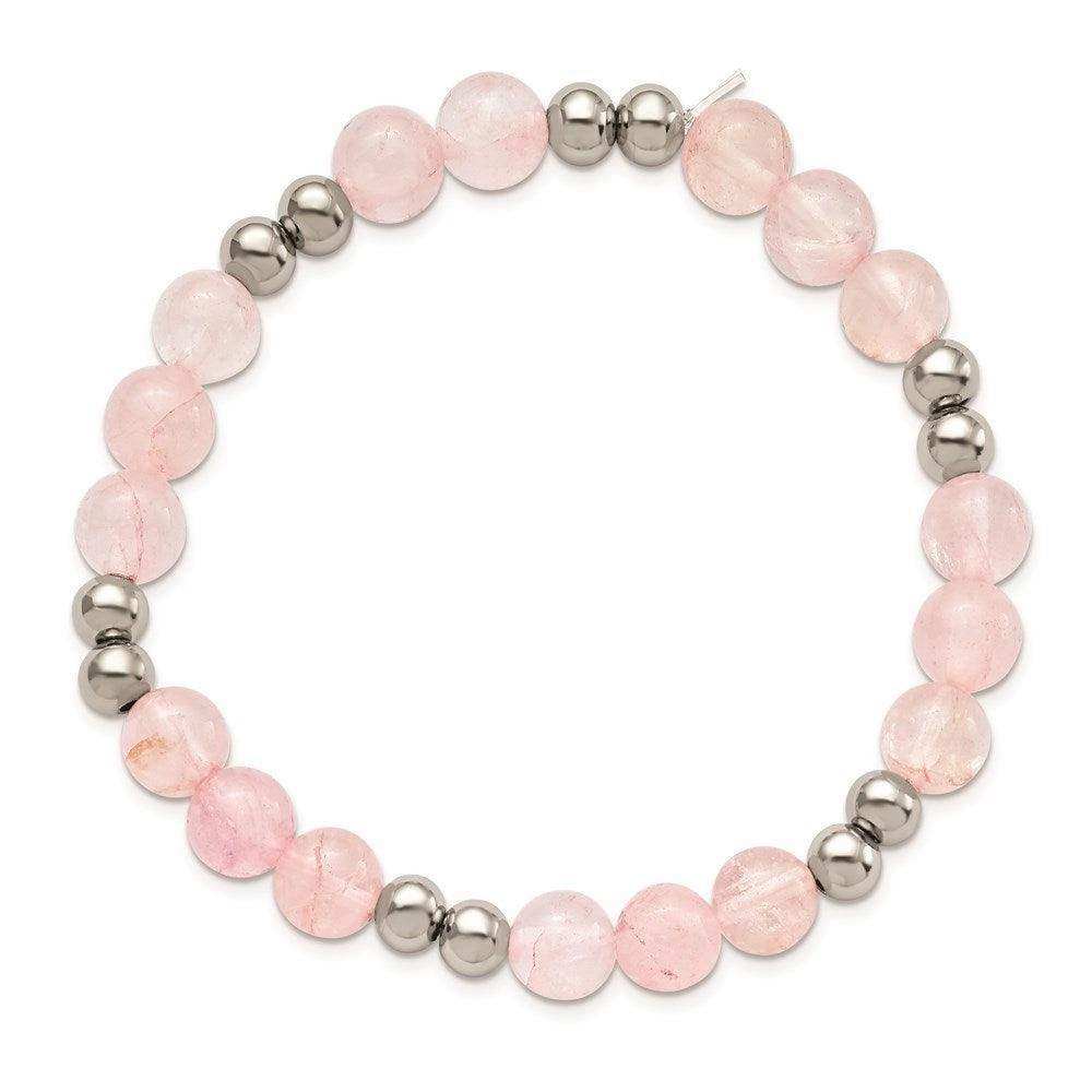 Stainless Steel Polished Pink Quartz Beaded Stretch Bracelet