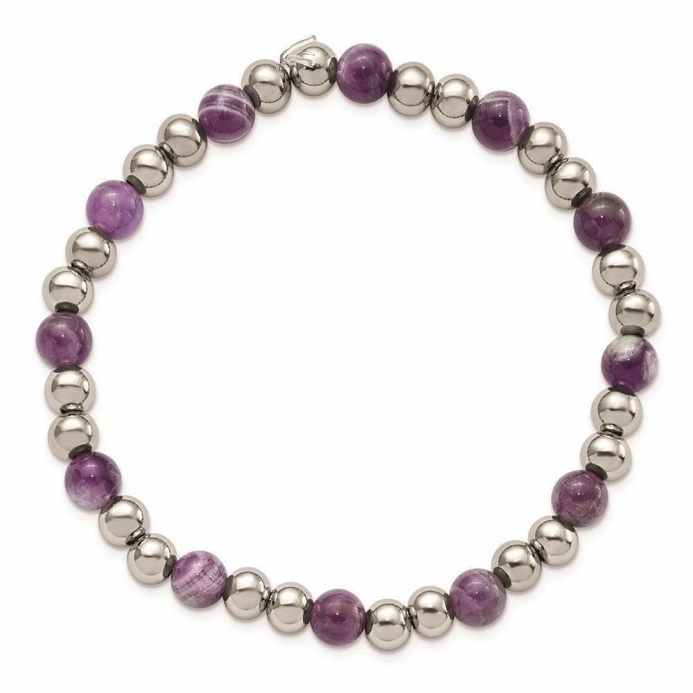 Stainless Steel Polished Purple Zebra Amethyst Beaded Stretch Bracelet