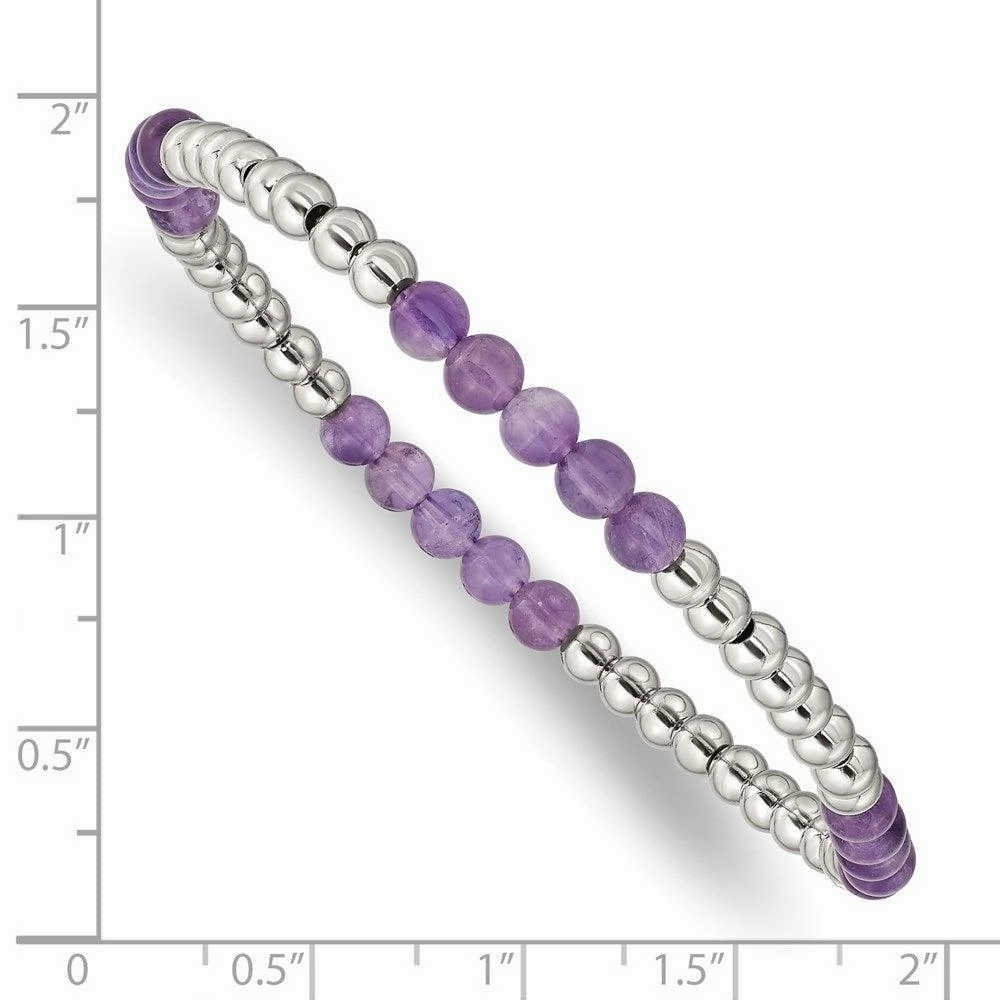 Stainless Steel Polished Purple Zebra Amethyst Beaded Stretch Bracelet
