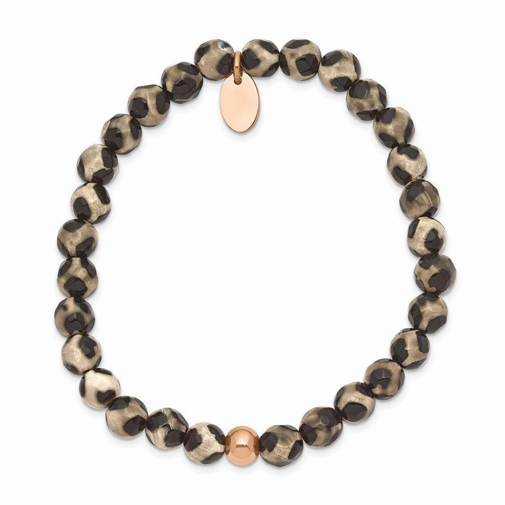 Stainless Steel Polished Rose IP Black and White Agate Stretch Bracelet
