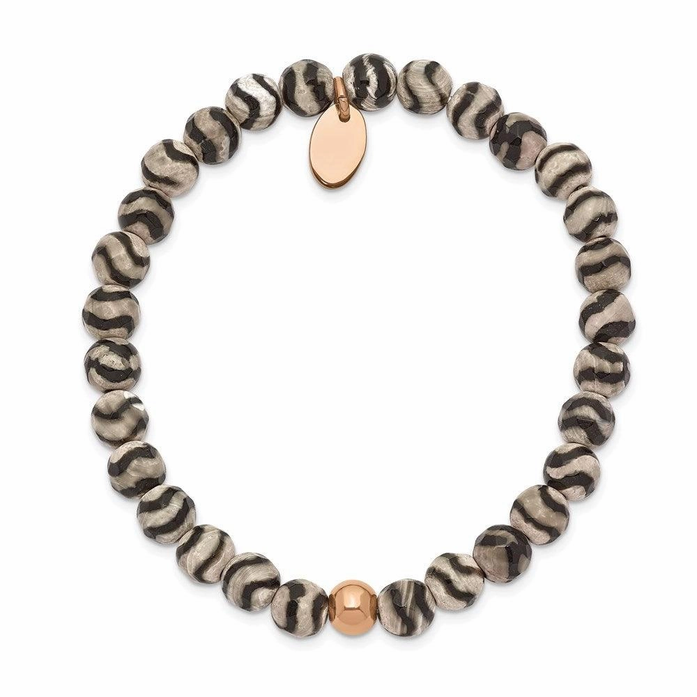 Stainless Steel Polished Rose IP Black and White Agate Stretch Bracelet
