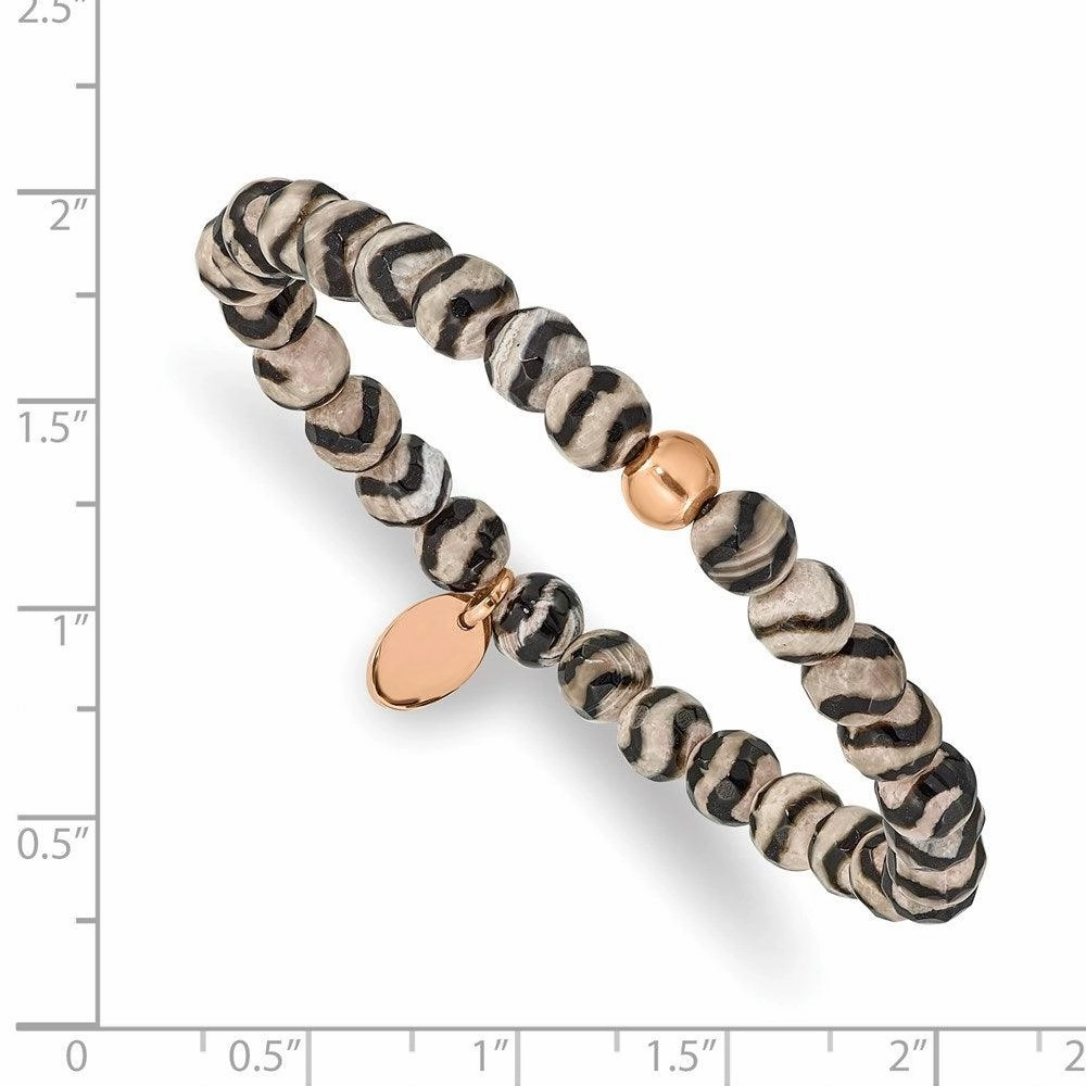 Stainless Steel Polished Rose IP Black and White Agate Stretch Bracelet