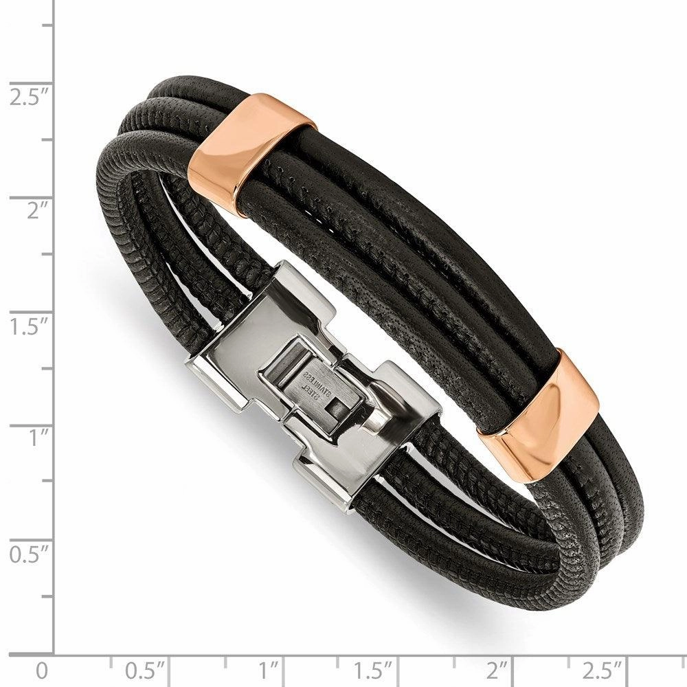 Stainless Steel Polished Rose IP Blk Leather 8 inch Bracelet
