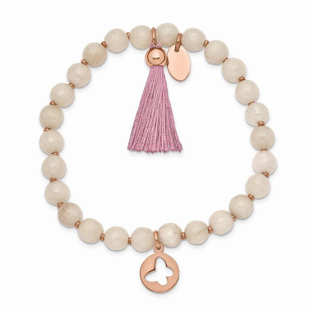 Stainless Steel Polished Rose IP Butterfly Pink Agate Beaded Stretch Bracel