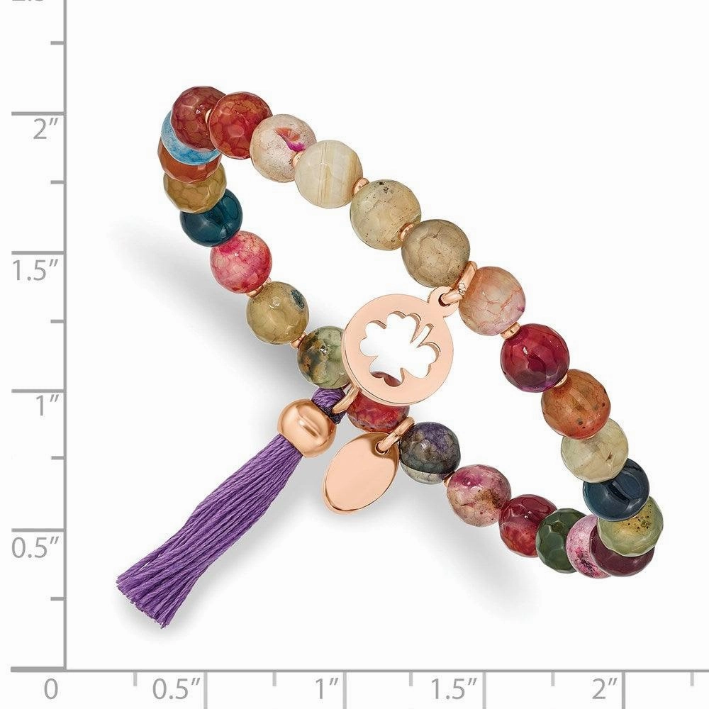 Stainless Steel Polished Rose IP Clover Multi Color Agate Stretch Bracelet