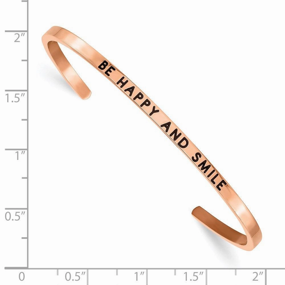 Stainless Steel Polished Rose IP Enamel/Crystal BE HAPPY 3mm Cuff Bangle