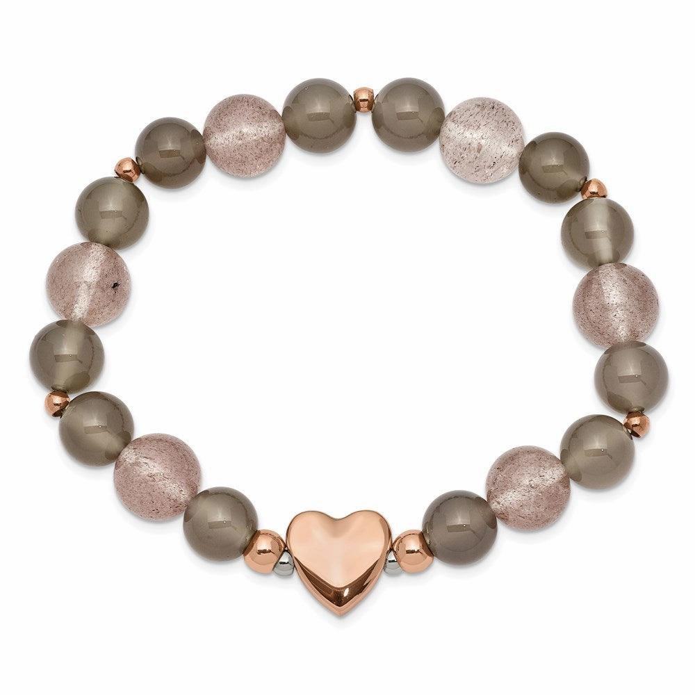 Stainless Steel Polished Rose IP Heart Grey Agate/Strawberry Quartz Stretch