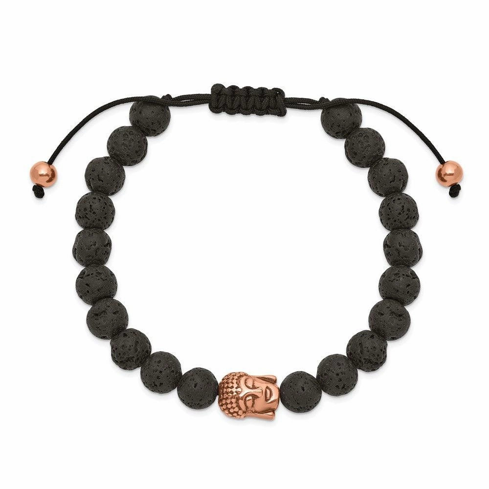 Stainless Steel Polished Rose IP Lava Stone Buddha Adjustable Bracelet