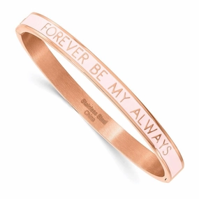 Stainless Steel Polished Rose IP Pink Enamel MY ALWAYS Hinged Bangle