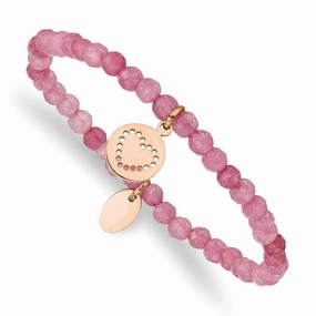 Stainless Steel Polished Rose IP-plated Heart Pink Jade Stretch Bracelet