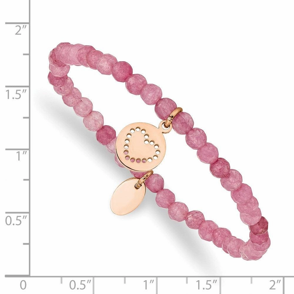 Stainless Steel Polished Rose IP-plated Heart Pink Jade Stretch Bracelet