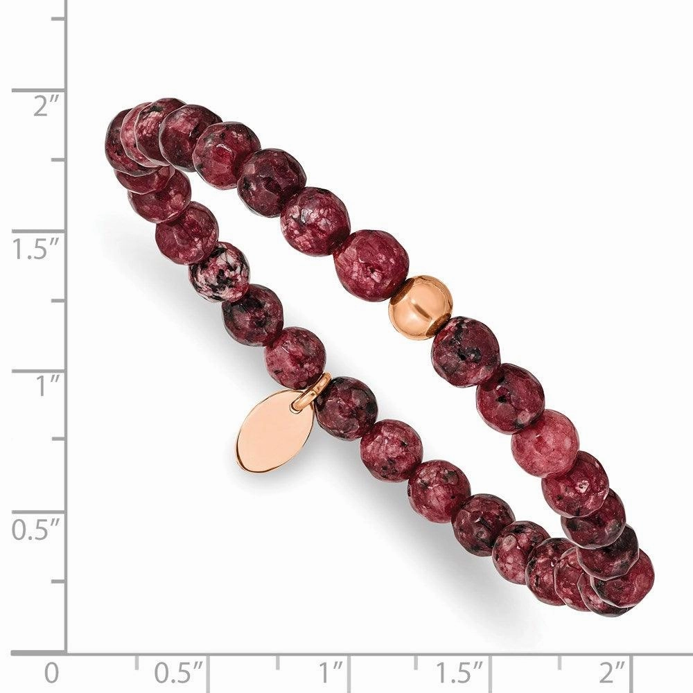 Stainless Steel Polished Rose IP-plated Red Jade Stretch Bracelet