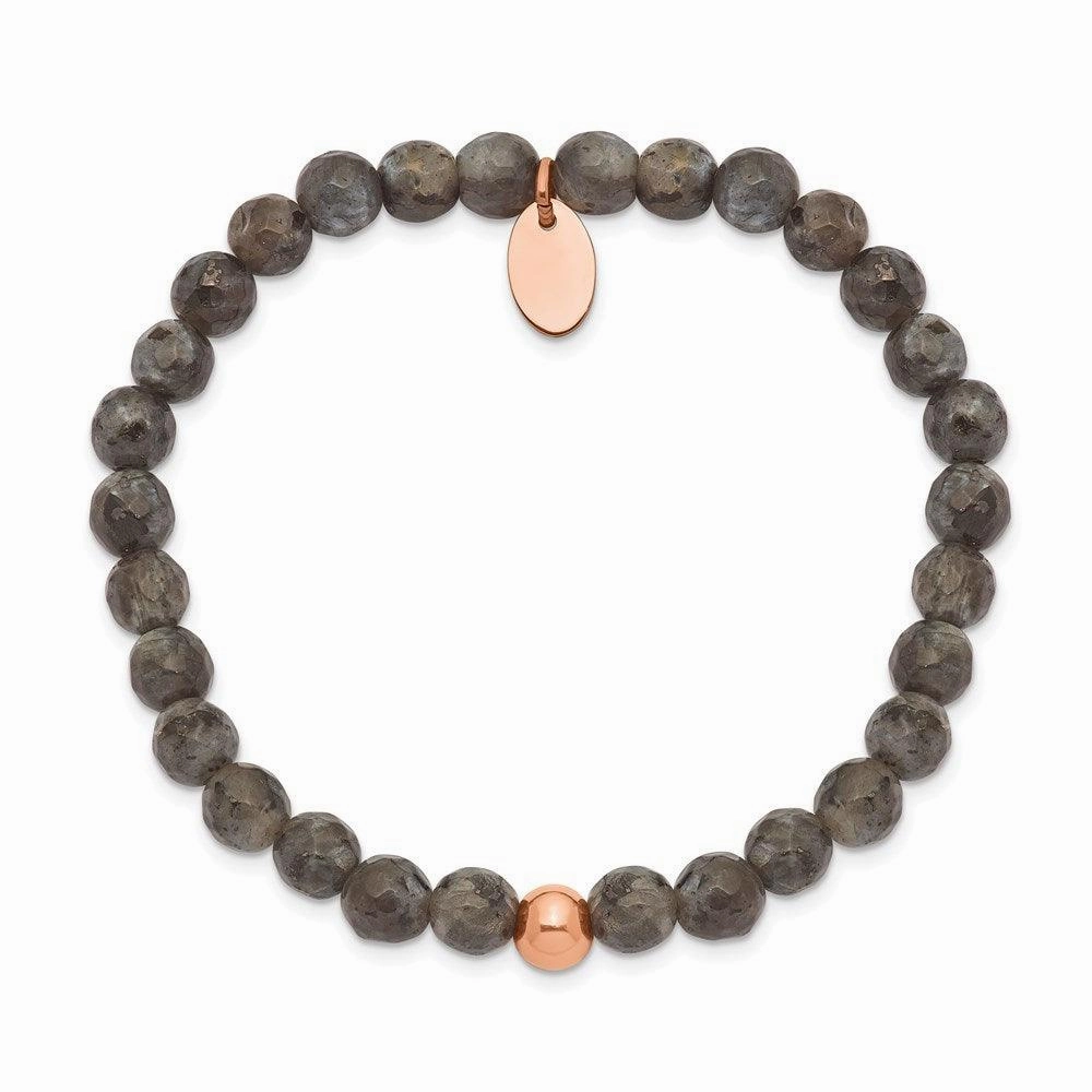 Stainless Steel Polished Rose IP-plated Spectrolite Beaded Stretch Bracelet