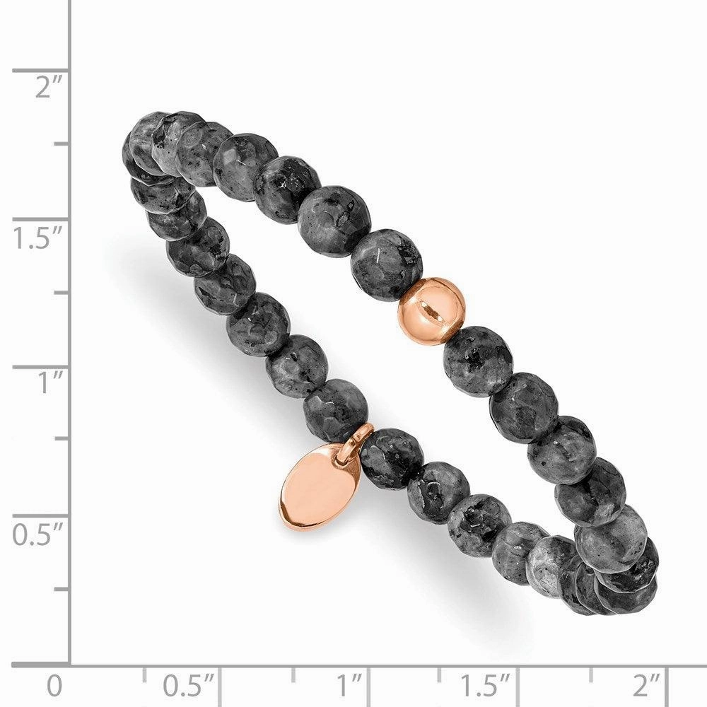 Stainless Steel Polished Rose IP-plated Spectrolite Beaded Stretch Bracelet