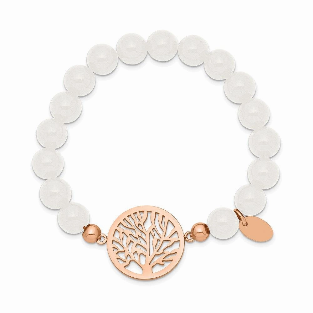Stainless Steel Polished Rose IP-plated Tree White Jade Stretch Bracelet