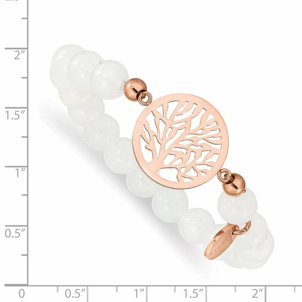 Stainless Steel Polished Rose IP-plated Tree White Jade Stretch Bracelet