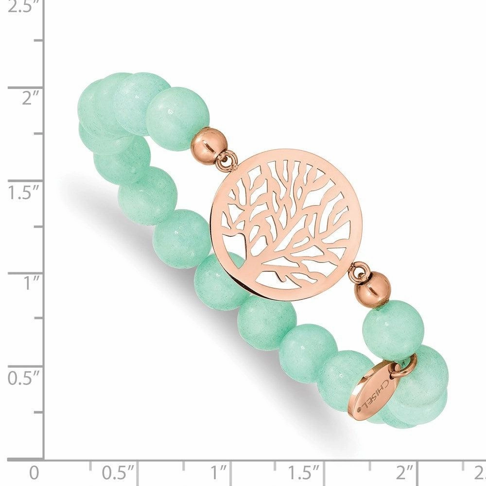 Stainless Steel Polished Rose IP Tree Green Dyed Jade Stretch Bracelet