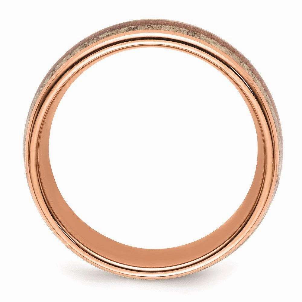Stainless Steel Polished Rose IP w/Wood and Antler Inlay 8mm Band