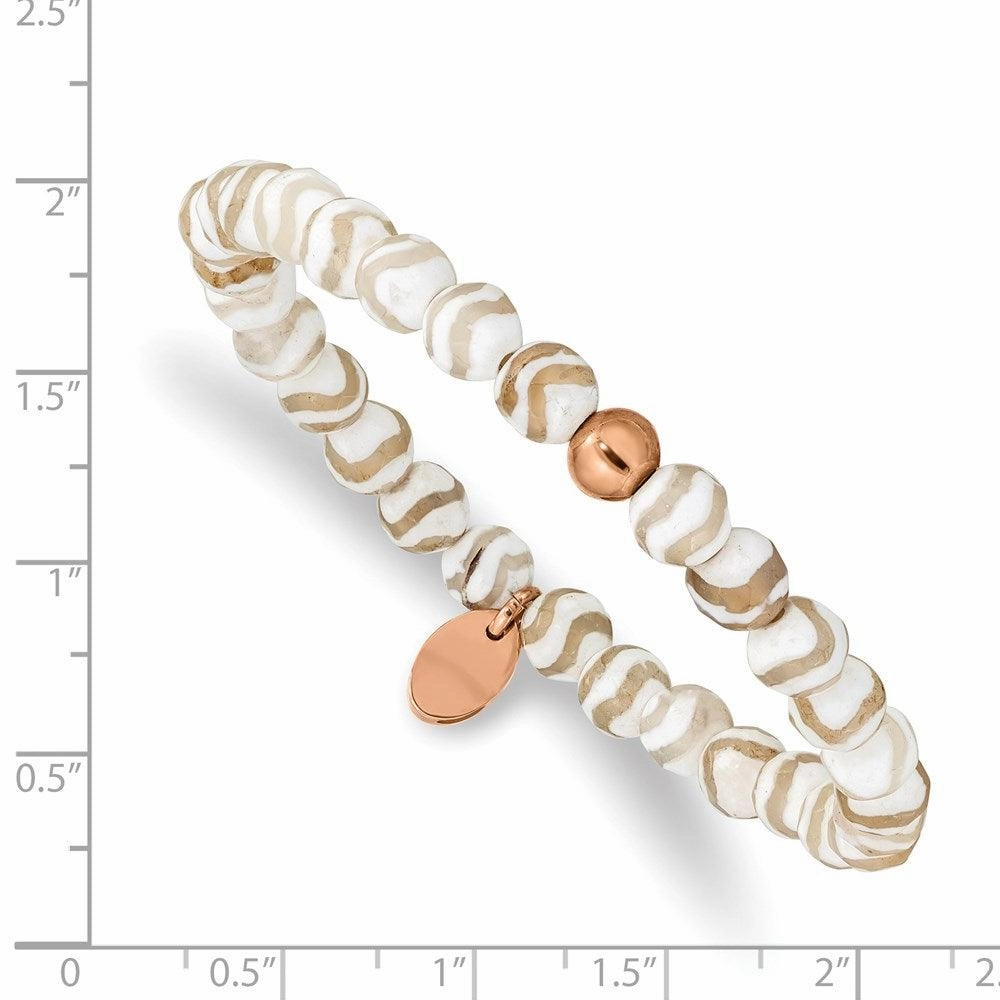 Stainless Steel Polished Rose IP White Wave Agate Stretch Bracelet