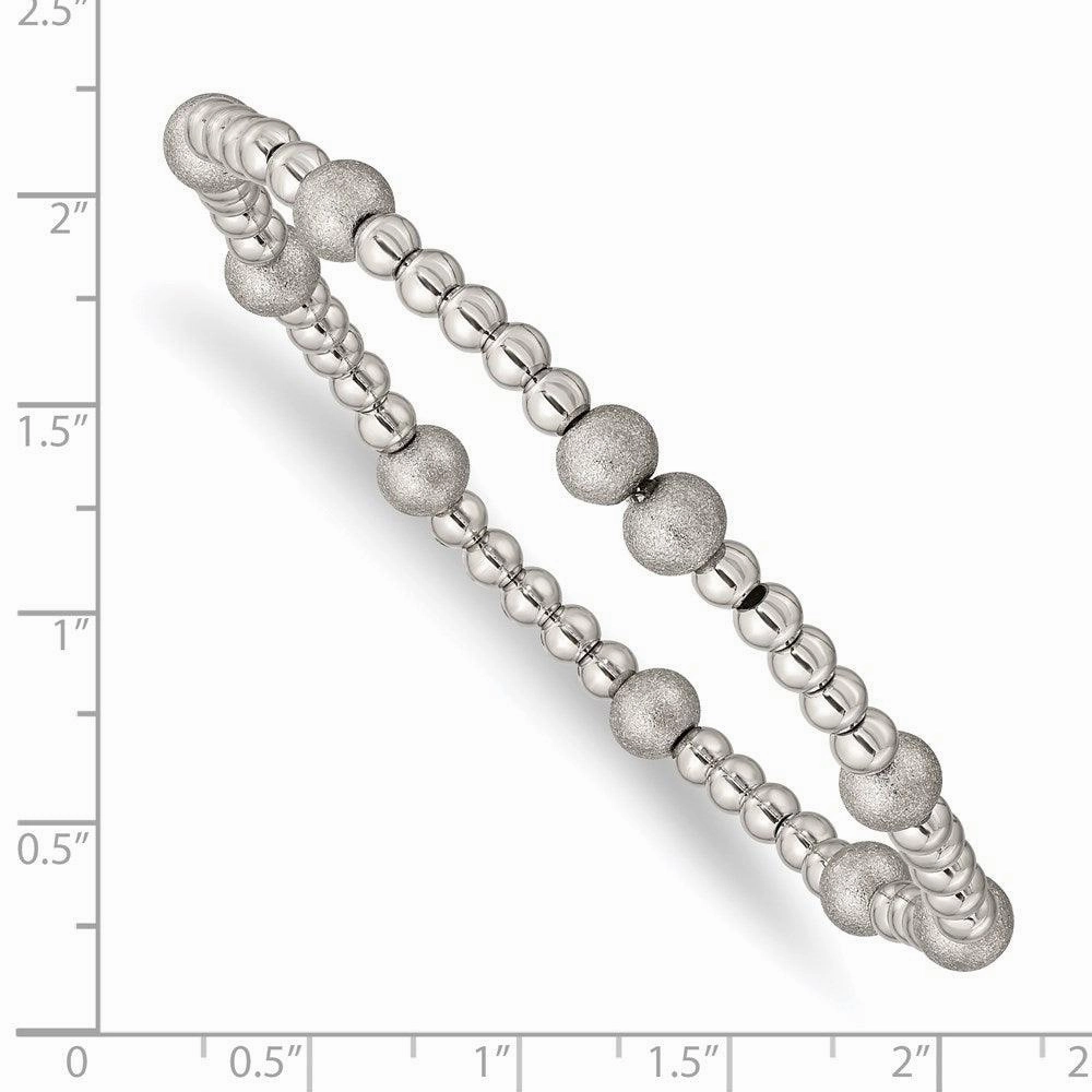 Stainless Steel Polished Sand Blasted Beaded Stretch Bracelet