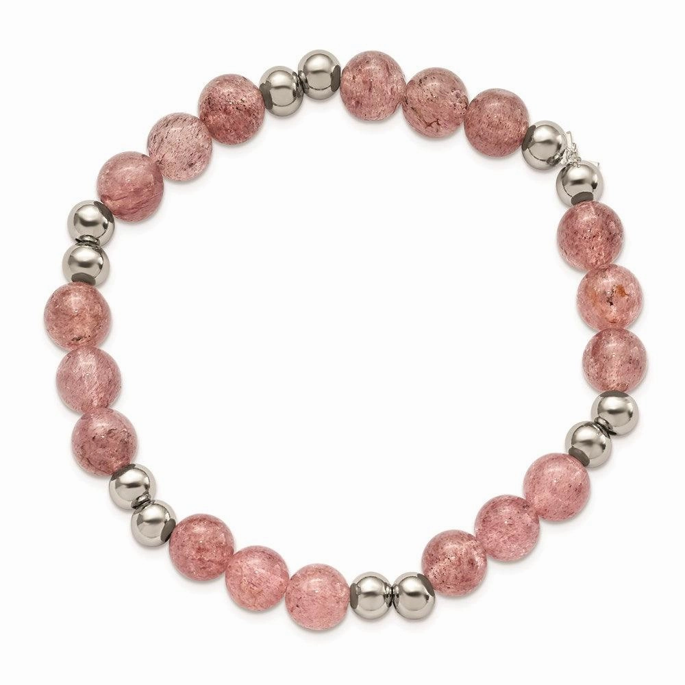Stainless Steel Polished Strawberry Quartz Beaded Stretch Bracelet