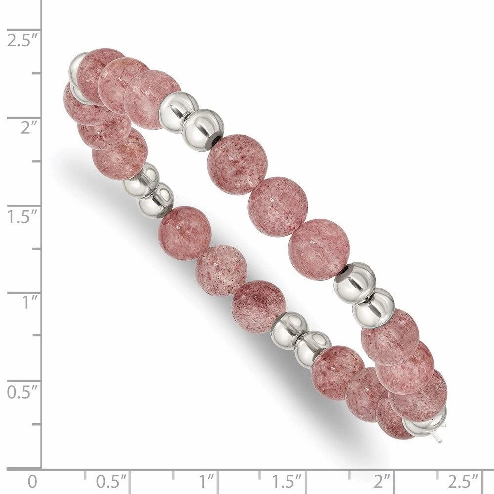 Stainless Steel Polished Strawberry Quartz Beaded Stretch Bracelet