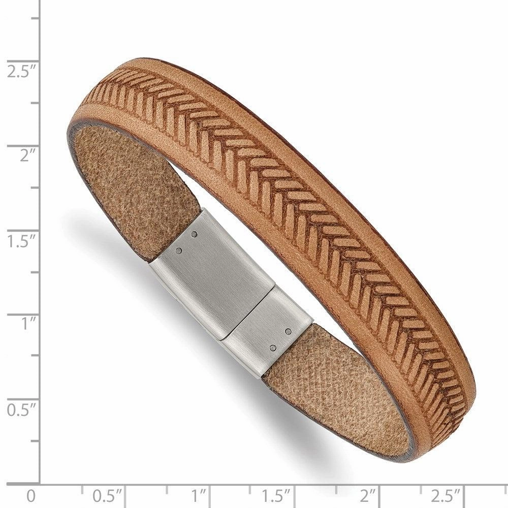 Stainless Steel Polished Tan Italian Leather 8.75in Bracelet
