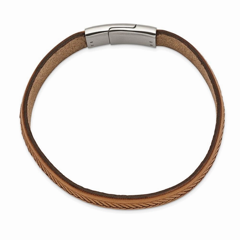 Stainless Steel Polished Tan Italian Leather 8.75in Bracelet