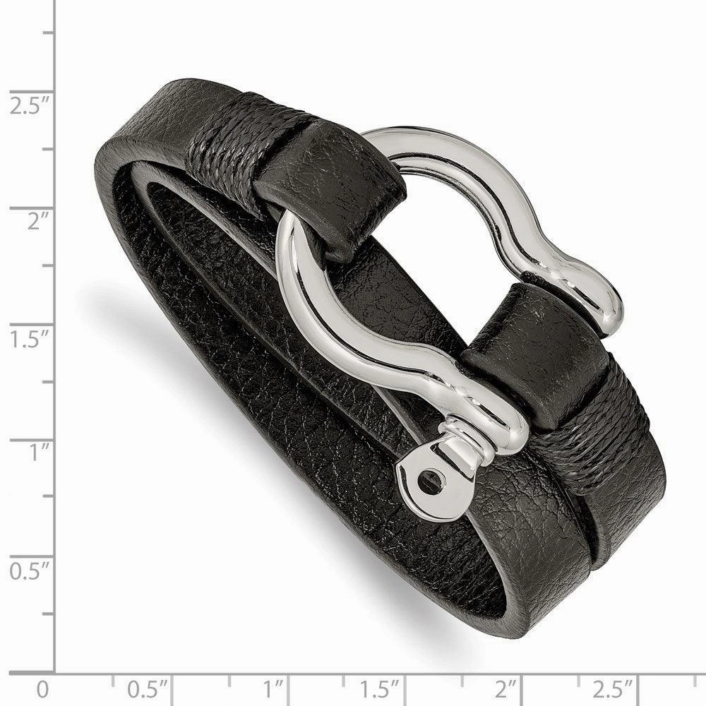 Stainless Steel Polished Textured Black Leather 16in Wrap Shackle Bracelet