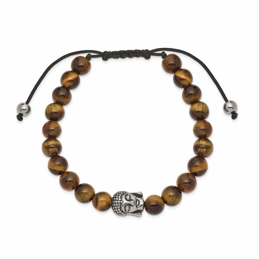 Stainless Steel Polished Tiger's Eye Buddha Adjustable Bracelet