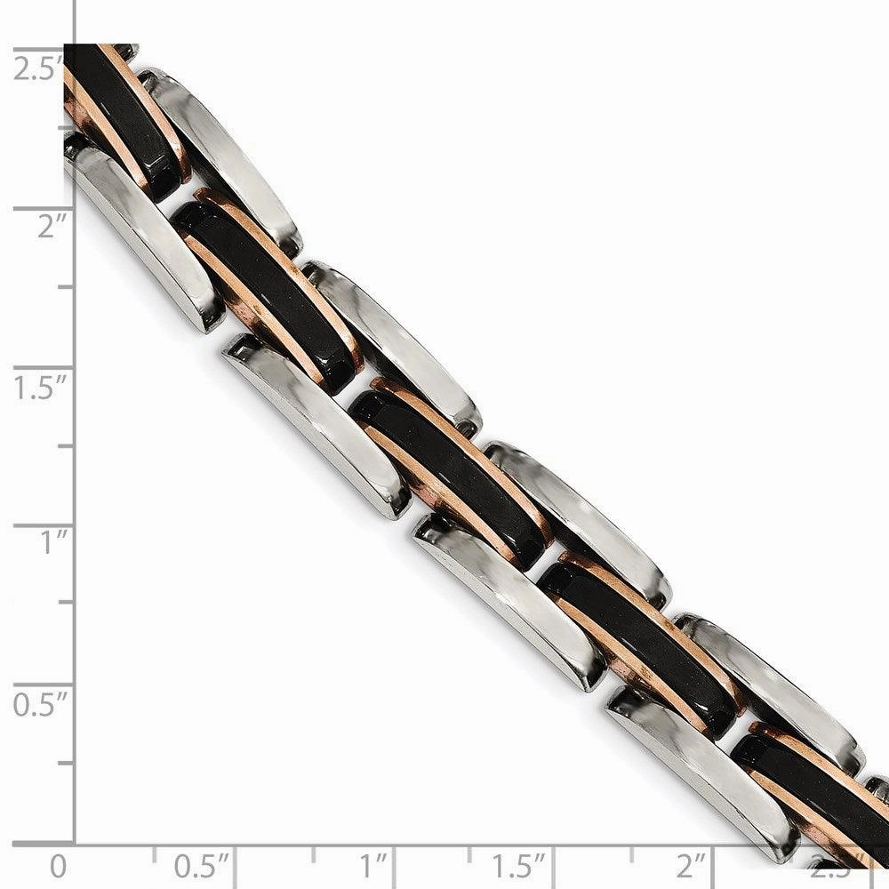Stainless Steel Polished w/Black & Rose IP-plated 8.5in Link Bracelet
