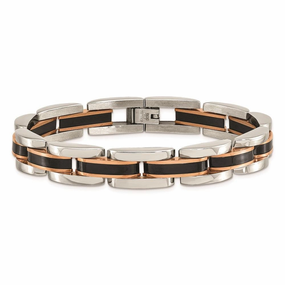 Stainless Steel Polished w/Black & Rose IP-plated 8.5in Link Bracelet