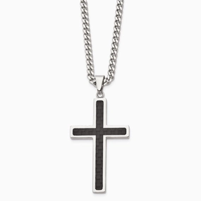 Stainless Steel Polished w/Black Carbon Fiber Cross 24in Necklace