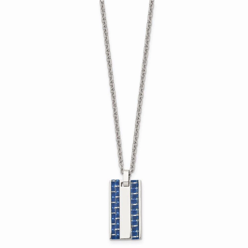 Stainless Steel Polished w/ Blue Carbon Fiber Inlay Small Dogtag Necklace
