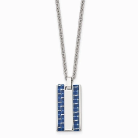 Stainless Steel Polished w/ Blue Carbon Fiber Inlay Small Dogtag Necklace