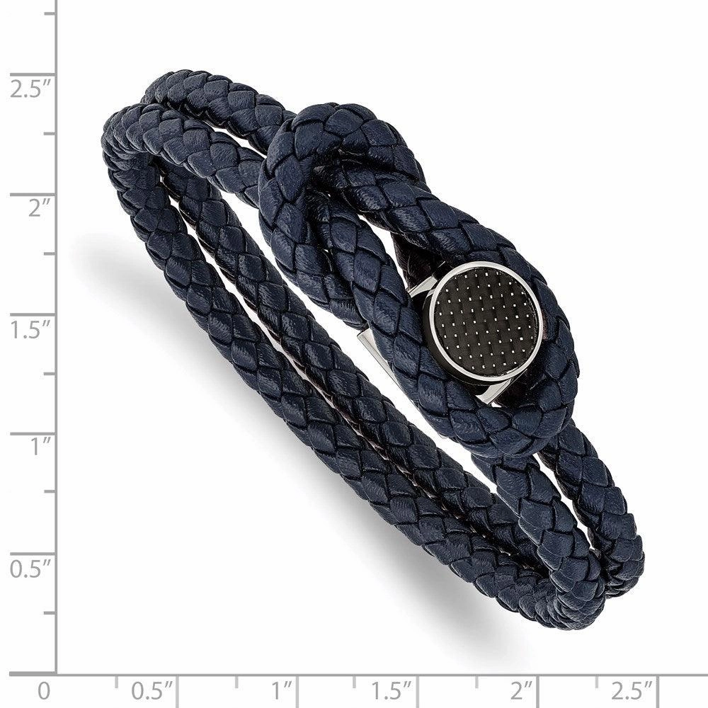 Stainless Steel Polished w/Carbon Fiber Inlay Navy Leather 8.5in Bracelet