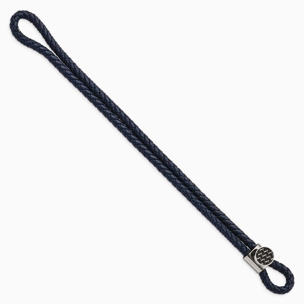 Stainless Steel Polished w/Carbon Fiber Inlay Navy Leather 8.5in Bracelet
