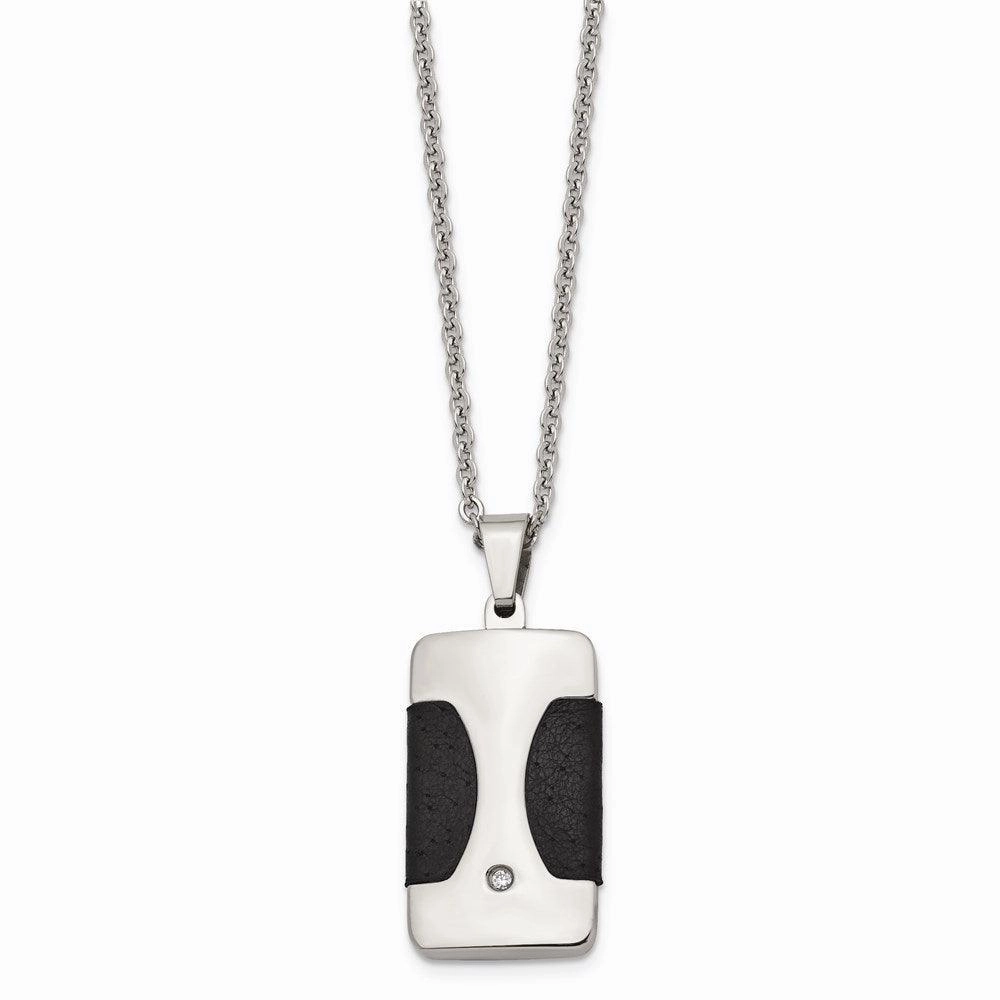 Stainless Steel Polished w/ CZ & Leather Reversible Inlay Necklace