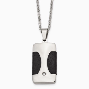 Stainless Steel Polished w/ CZ & Leather Reversible Inlay Necklace