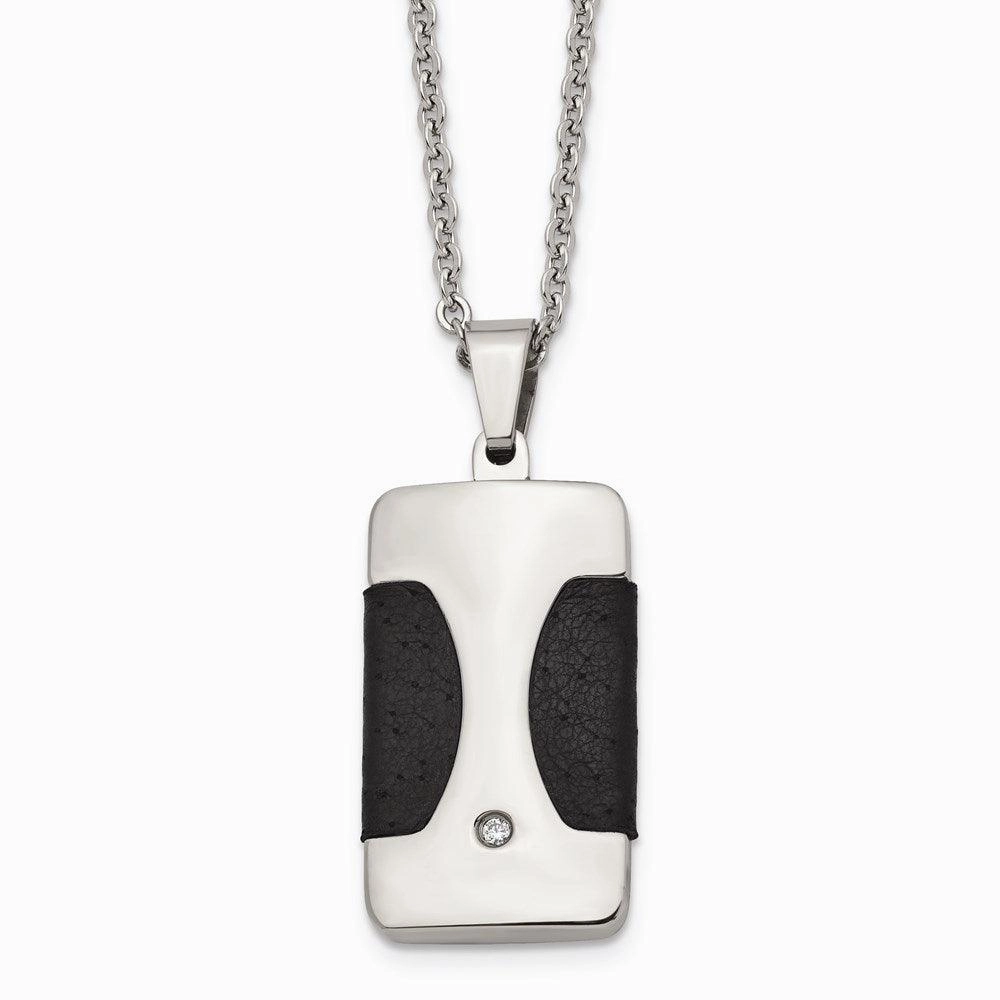 Stainless Steel Polished w/ CZ & Leather Reversible Inlay Necklace