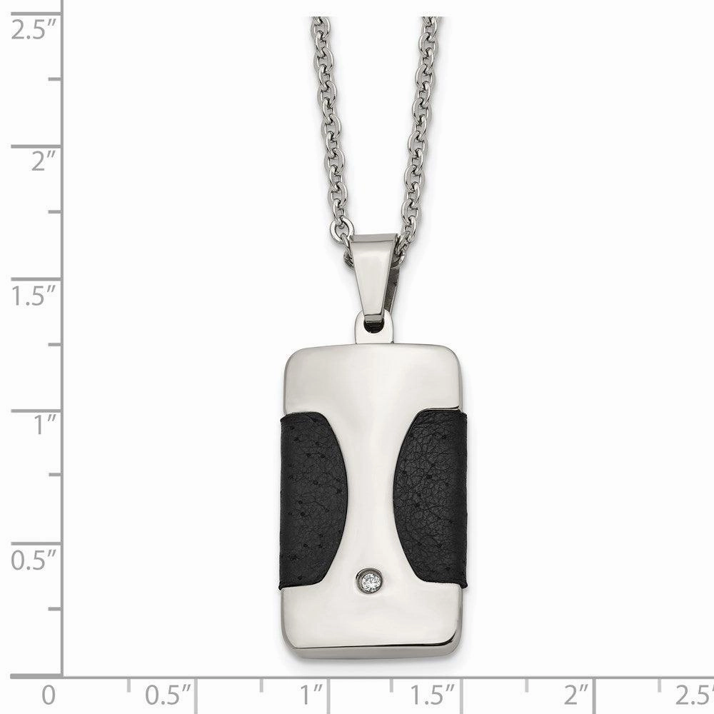 Stainless Steel Polished w/ CZ & Leather Reversible Inlay Necklace