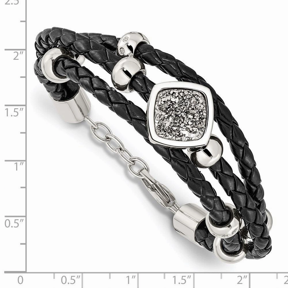 Stainless Steel Polished w/Druzy and Crystal Leather w/.75in ext. Bracelet