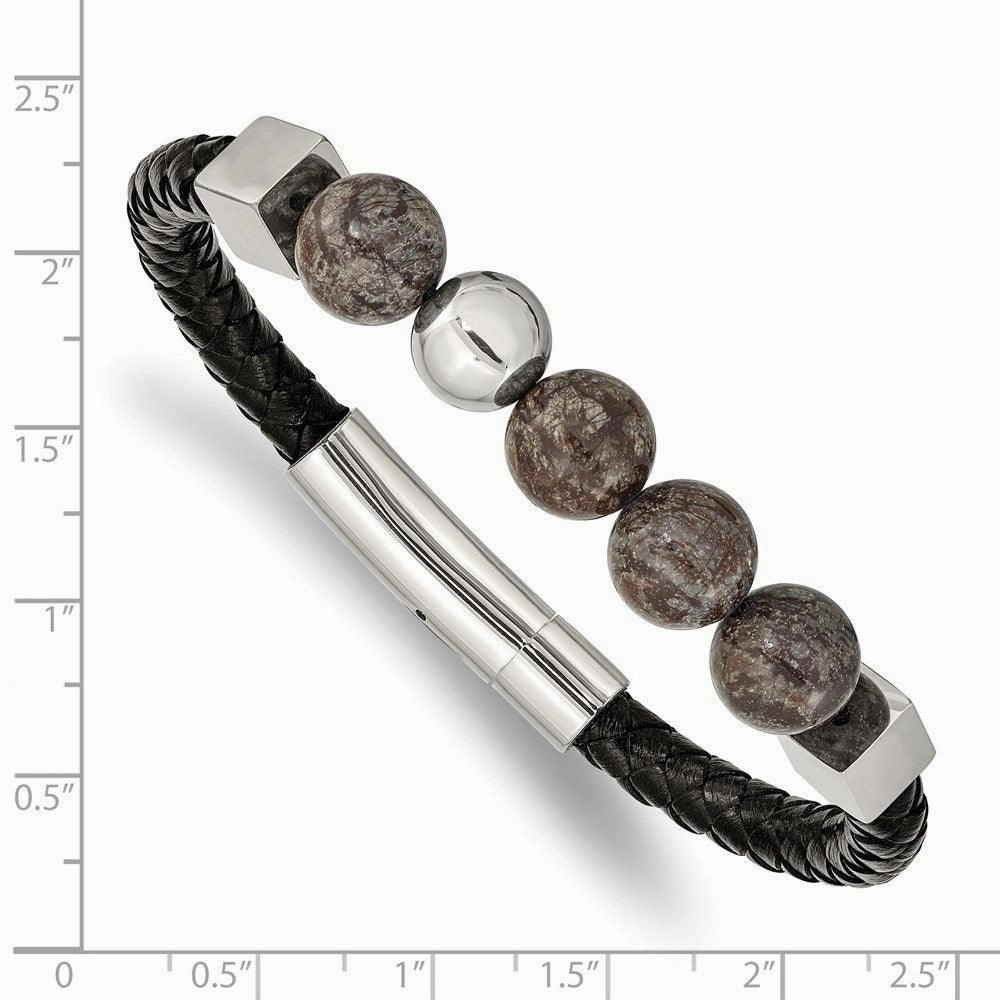 Stainless Steel Polished w/Labradorite Black Leather 8.5in Bracelet