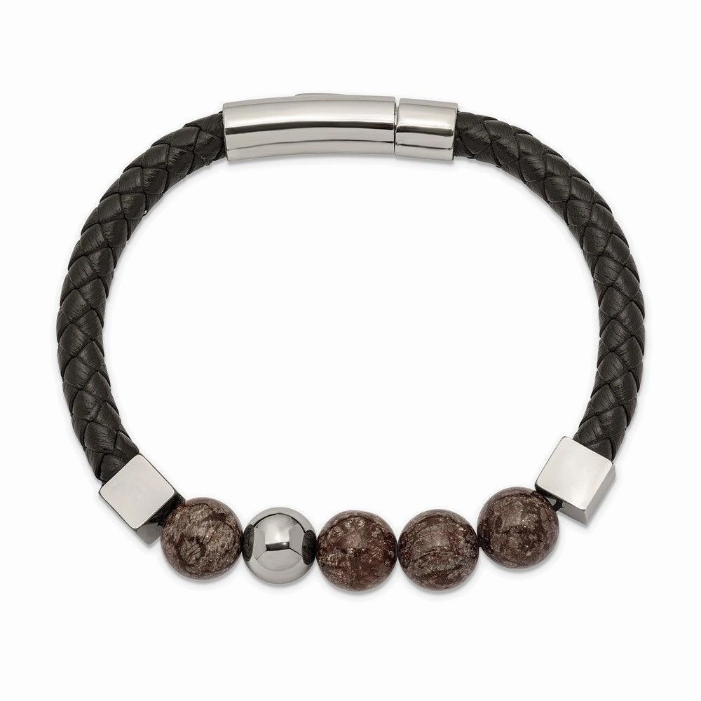 Stainless Steel Polished w/Labradorite Black Leather 8.5in Bracelet