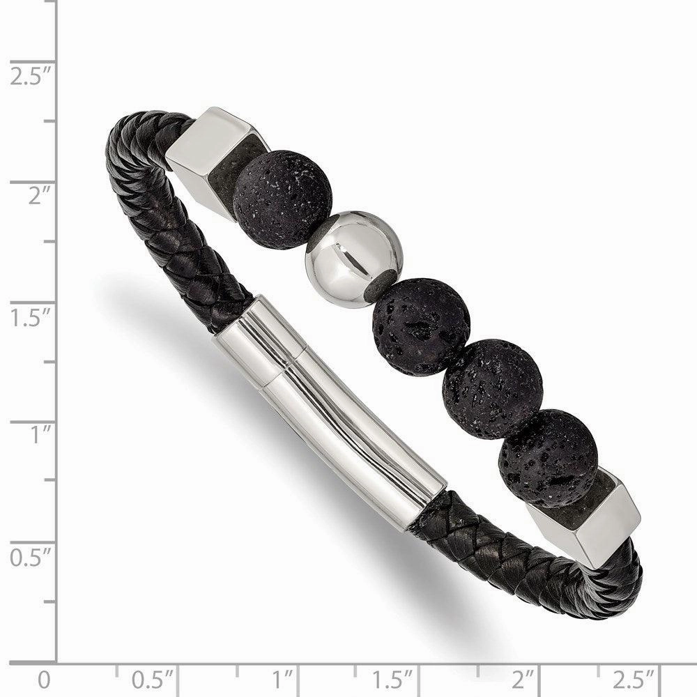 Stainless Steel Polished w/Lava Stone Black Leather 8in Bracelet